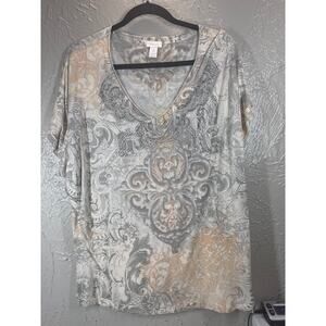 Chico's Womens Top Pink Beige Scroll Damask Print V Neck Size 3 US‎ XL/16